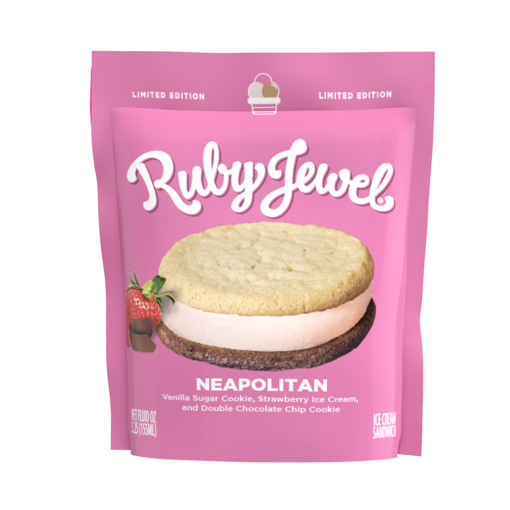 neapolitan pouch, shows ice cream sandwich in center on pink package